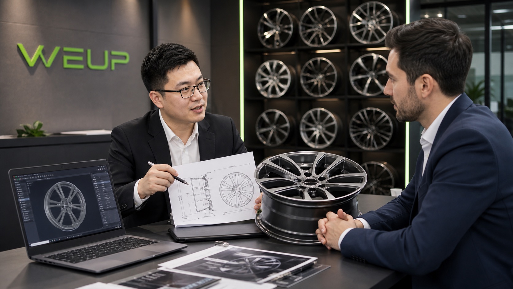WEUP export sales engineer discussing wheel specifications with a B2B buyer
