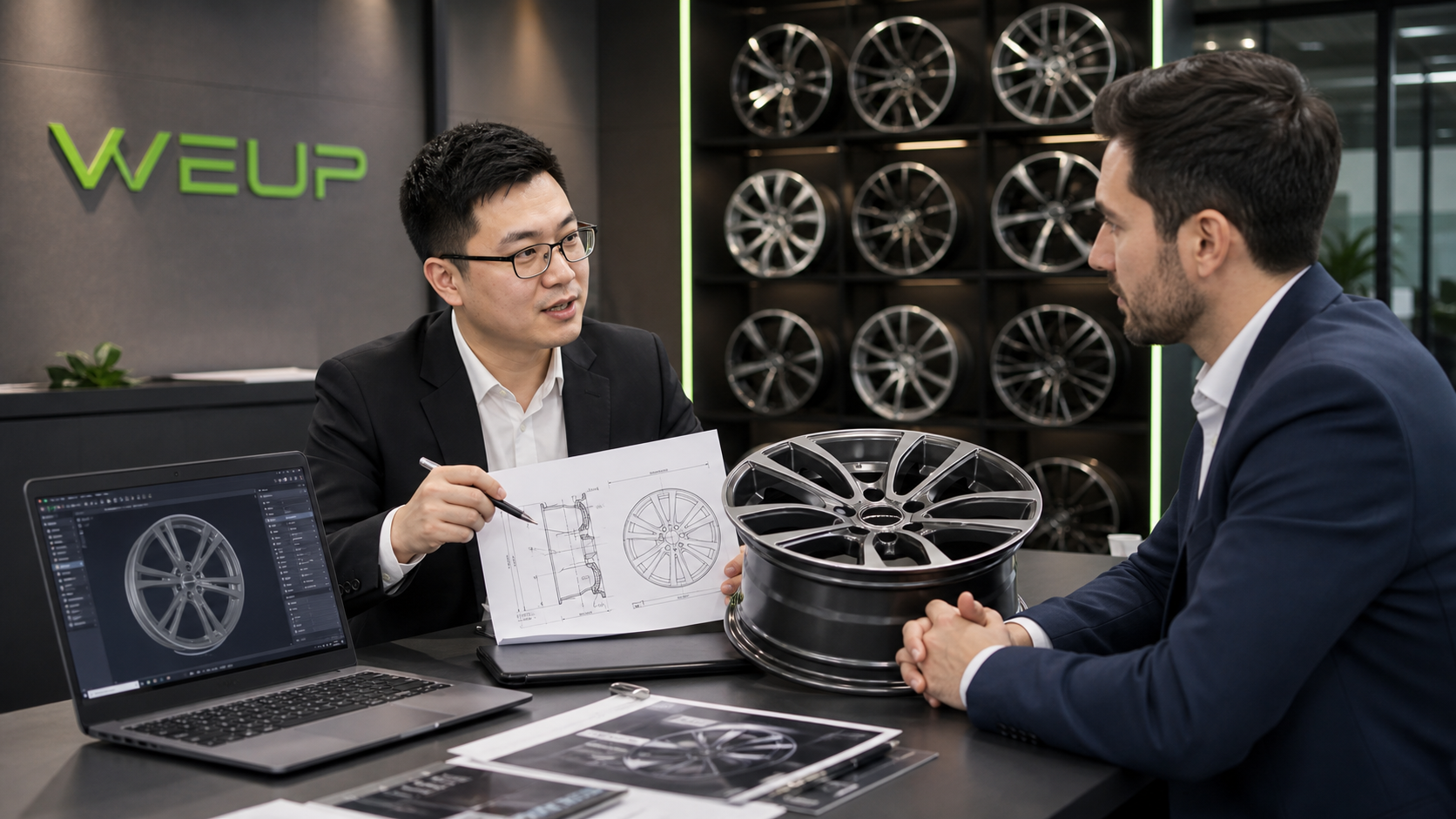 WEUP export sales engineer discussing wheel specifications with a B2B buyer